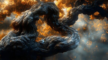 A majestic old tree, its gnarled branches reaching towards the sky. Golden sunlight filters through the mist, creating a mystical scene. Ancient Twisted Tree, Mystical Forest at Dawn