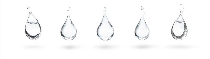 Five Transparent Water Droplets Isolated on White Background
