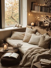 Cozy reading nook with a comfortable reading bench and decor