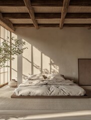A minimalist bedroom showcasing bed and sunlit lighting effects