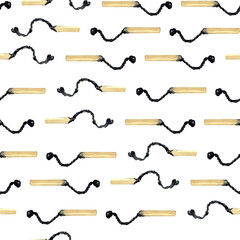 Burnt wooden matches. Seamless pattern. Hand drawn with watercolor. Element of design of thematic illustrations, wrapping paper, unusual background, cool pattern