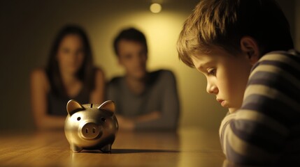 A Concerned Child Stares at a Piggy Bank While Parents Watch in a Dimly Lit Room, Emphasizing Themes of Saving Money, Family Communication, and Financial Education