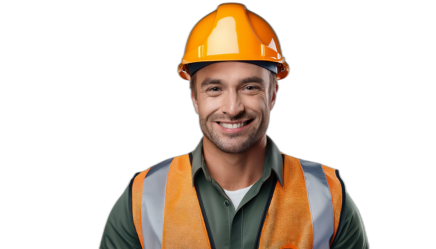 Portrait of a construction worker smiling with helmet and wearing a vest - Powered by Adobe