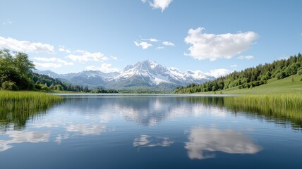 Naklejka premium Stunning mountain landscape reflected in a serene lake with clear blue skies and lush greenery.