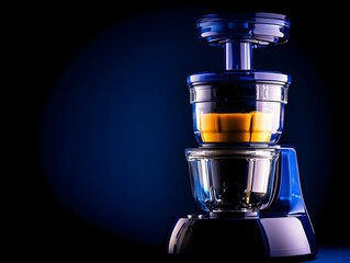 Modern kitchen juicer with vibrant colors extracting juice from fresh fruit against a dark backdrop