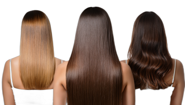 Back view of a young three ladies with long straight brown hair