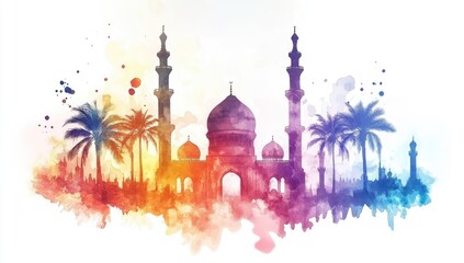 Watercolor vector illustration of a mosque and palm trees on a white background, splash silhouettes with colorful ink washes and brush strokes, Islamic art digital artwork
