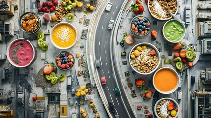 Healthy Breakfast Bowls Alongside A Busy City Highway
