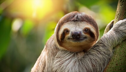 Fototapeta premium Endearing Sloth Portrait Amidst the Vibrant Rainforest Canopy A Humorous Moment Captured in the Heart of Wildlife