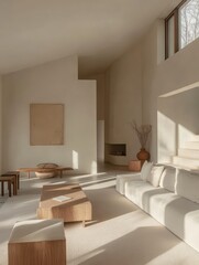A neutral toned modern living room with natural light