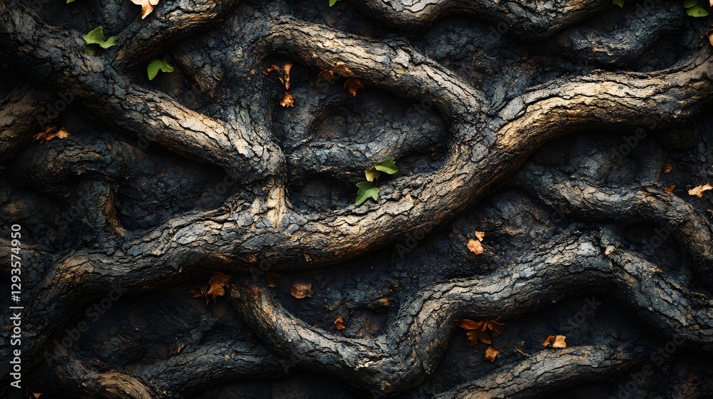 Poster close-up view of intricate tree roots forming a complex pattern against dark soil. autumn leaves are
