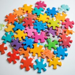 Naklejka premium A colorful assortment of jigsaw puzzle pieces scattered on a flat surface, showcasing a vibrant mix of colors. Ideal for family activities, educational tools, or creative projects.