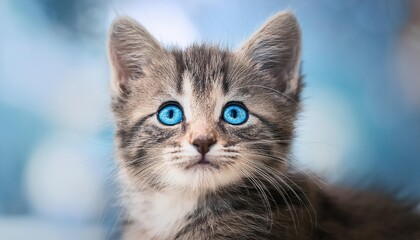 Adorable BlueEyed Gray Tabby Kitten in Portrait, Radiating Joy and Softness with Fluffy Fur, Capturing Playful Vibrance of a Lovely Feline Companion.