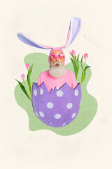 Vertical photo collage of excited grandfather wear costume bunny peek easter egg shell flowers...