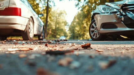 Rural road crash involving two vehicles, visible front-end damage and debris scattered under warm natural tones,
