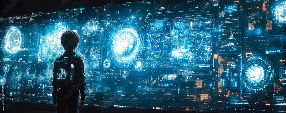 Poster futuristic interactive display with child exploring digital interface in high-tech environment