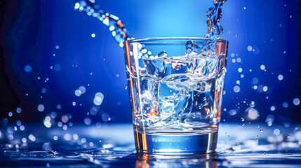 Dynamic splashes of water in a glass on a dark blue background creating an energetic atmosphere and showcasing the beauty of liquid movement