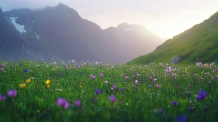 Obraz premium Mountain field adorned with vibrant flowers in full bloom, set against a backdrop of jagged cliffs and illuminated by soft morning light,