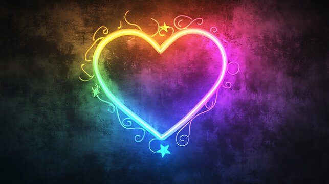 Rainbow Neon Heart Glows Against Dark Textured Wall