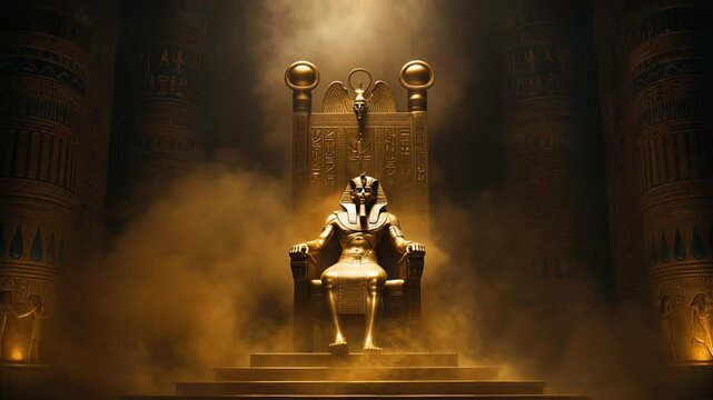 Golden anubis statue seated on ornate throne within smoky egyptian temple, embodying mystical archaeological grandeur and ancient spiritual power