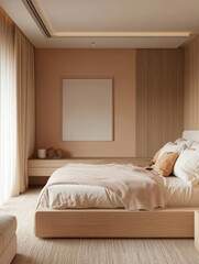 A bedroom is featuring a minimal modern minimalist aesthetic