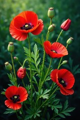 Obraz premium Bold crimson poppies & lush green leaves, rich tapestry weave, pattern, flower