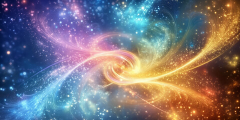 Fototapeta premium A vibrant abstract background with swirling vortexes of luminous particles, forming a mesmerizing cosmic dance of glowing colors. The intricate nebular formations and energy currents evoke a