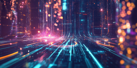 A mesmerizing futuristic visualization of AI-driven 6G wireless communication, featuring glowing cybernetic data streams, pulsating holographic connection nodes, and swirling digital frequency