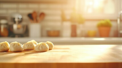 Culinary artistry: an abstract view of dumpling preparation in a sunlit kitchen