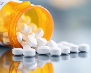 Close-up of a prescription bottle labeled โ&euro;bipolar disorder medication,โ&euro; with pills spilling onto a reflective surface