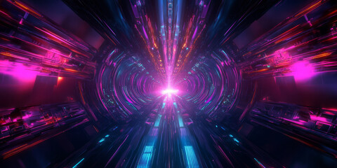 Obraz premium A futuristic abstract background with glowing neon waves flowing in a dark cybernetic space. The design features intricate energy currents, pulsating data streams, and holographic geometric patterns,