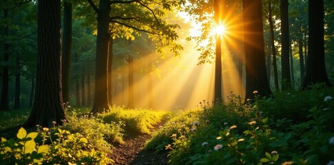 Obraz premium Golden sunlight streams through dense summer forest, forest, leaves, wild