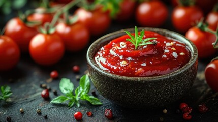 Fresh tomatoes surrounding a serving bowl filled with rich red tomato ketchup on a rustic table in a bright kitchen