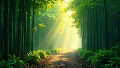 Obraz premium Misty morning, bamboo stalks frame a quiet path, mist, image, natural