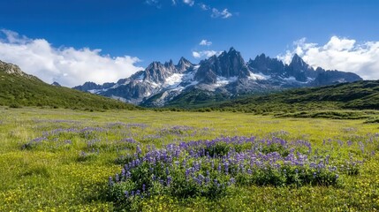 Fototapeta premium Lush alpine field filled with blooming wildflowers, set against a backdrop of towering peaks under vibrant natural lighting,