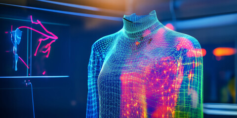A futuristic AI-driven digital fashion design lab, displaying glowing cybernetic generative clothing pathways, pulsating holographic real-time fabric simulation grids, and swirling quantum-enhanced