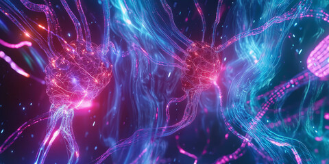 Fototapeta premium A glowing futuristic AI-driven neural prosthetics lab, displaying cybernetic brain-machine interface pathways, pulsating holographic cognitive augmentation grids, and swirling quantum-enhanced neural