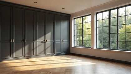 Minimalist empty room interior with parquet floor, black window frames, gray wardrobe doors. Daylight streams through large windows, creates cozy atmosphere. Clean simple interior, copy space for
