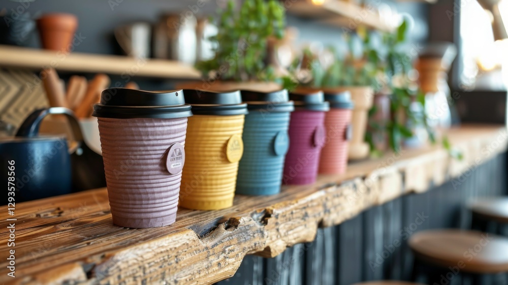 Fototapete five colorful reusable coffee cups sit on a rustic wooden counter, illuminated by soft afternoon lig