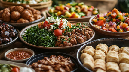 Obraz premium middle eastern food platter with kebabs and salads meal meat tasty lunch herbs fresh party