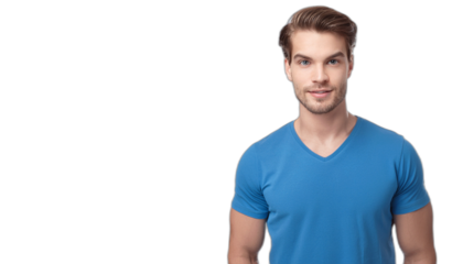 Portrait of a handsome guy wearing blue T-shirt with casual pose