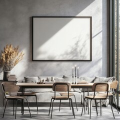 A large white framed picture hangs on a wall. The picture is empty. A table is in the room with chairs around it. There are several books on the table. A couch is in the room with pillows on it