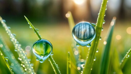 emerald green grass with fresh dewdrops reflecting golden morning light for use in holistic branding wellness retreats or sustainable fashion marketing