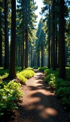 Obraz premium Narrow dirt trail cuts through dense pine forest, shadows play on the ground , journey, secluded, calm