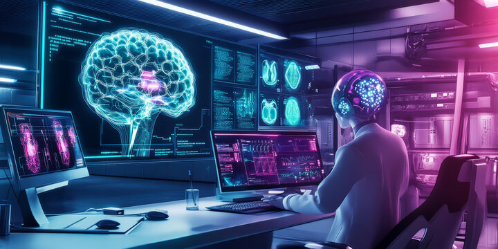 A futuristic AI-driven healthcare system, featuring glowing cybernetic biometric scans, pulsating holographic neural pathways, and swirling digital medical diagnostics. The high-tech abstract