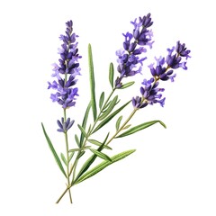 Fototapeta premium A sprig of rich purple lavender with small flowers clustered together, isolated on a plain white background.