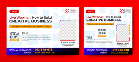 Online Business live webinar banner invitation and social media post template. Business webinar invitation design. Vector