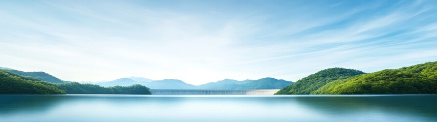 Obraz premium Serene Landscape with Calm Water and Lush Green Mountains at Dawn