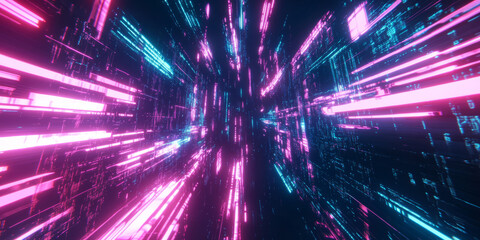 Obraz premium A futuristic abstract background with infinite, glowing neon waves dynamically shifting within a cybernetic digital expanse. The high-tech luminescence and smooth fluid motion create an immersive