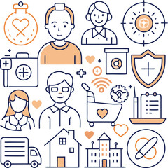 Editable Line Icons for Elderly Care – Nursing Home, Insurance, Medical Assistance & More | 64x64 Pixel Perfect